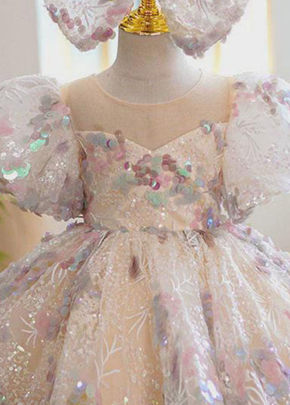 Fashion O-Neck Sequins Patchwork Tulle Kids Maxi Dress Summer YS018 ABC