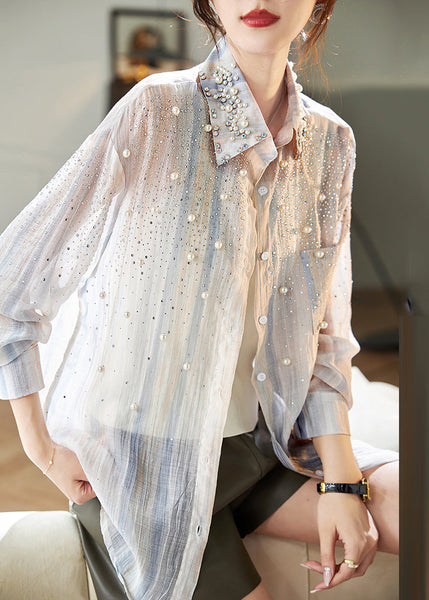 Fashion Orange Peter Pan Collar Nail Bead Zircon Chiffon Shirts Fall TR005 MZF-LTP240727