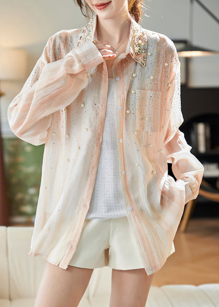 Fashion Orange Peter Pan Collar Nail Bead Zircon Chiffon Shirts Fall TR005 MZF-LTP240727