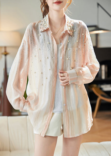 Fashion Orange Peter Pan Collar Nail Bead Zircon Chiffon Shirts Fall TR005 MZF-LTP240727