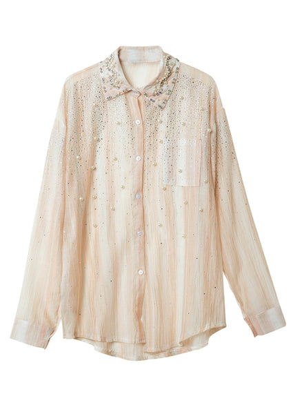 Fashion Orange Peter Pan Collar Nail Bead Zircon Chiffon Shirts Fall TR005 MZF-LTP240727