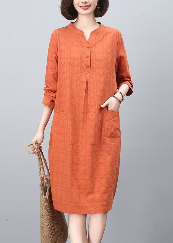 Fashion Spring Collar Cotton Mid Orange Stand Dresses FashionChic