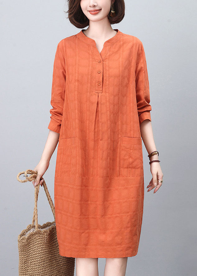 Fashion Spring Collar Cotton Mid Orange Stand Dresses FashionChic
