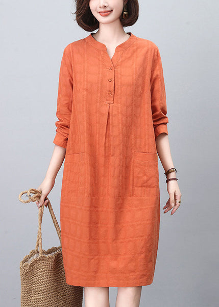 Fashion Spring Collar Cotton Mid Orange Stand Dresses FashionChic