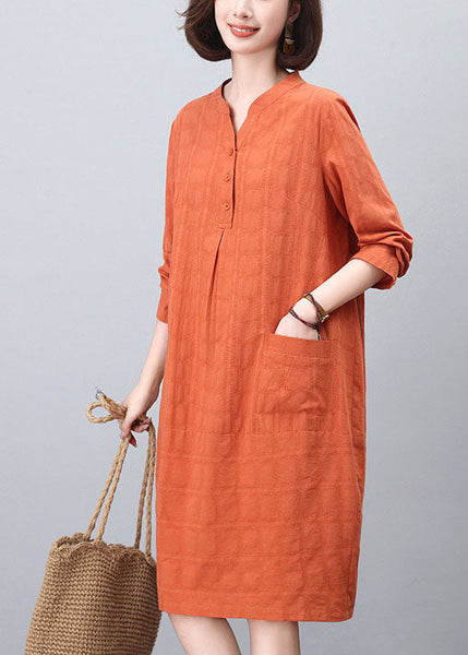 Fashion Spring Collar Cotton Mid Orange Stand Dresses FashionChic