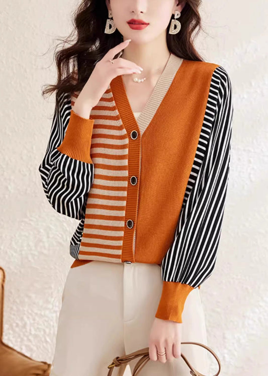 Fashion Orange V Neck Striped Button Woolen Sweater Spring TF045