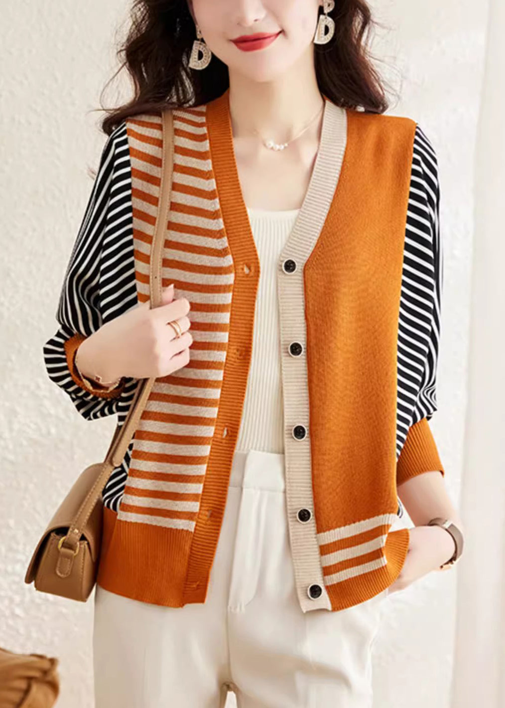 Fashion Orange V Neck Striped Button Woolen Sweater Spring TF045