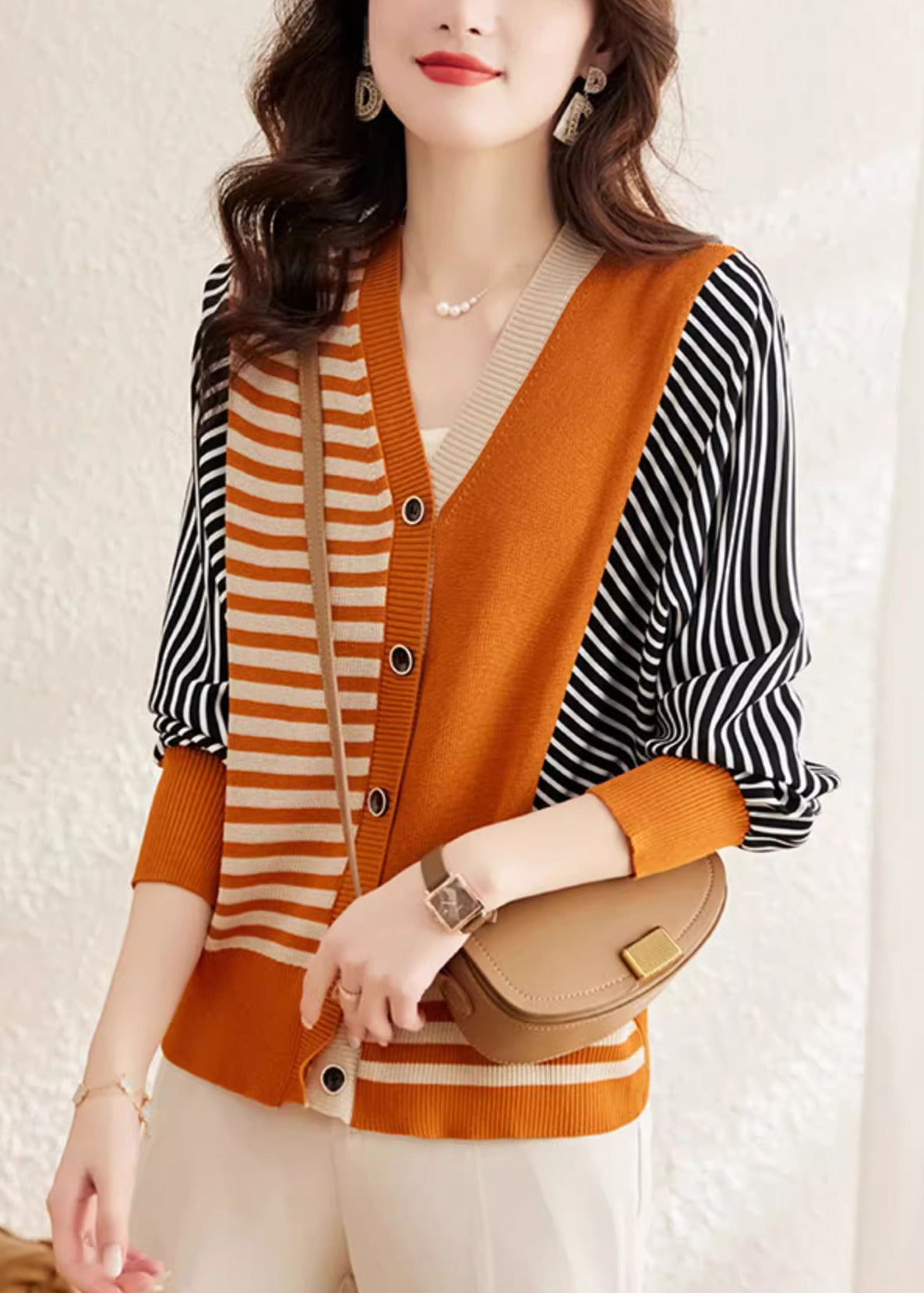 Fashion Orange V Neck Striped Button Woolen Sweater Spring TF045