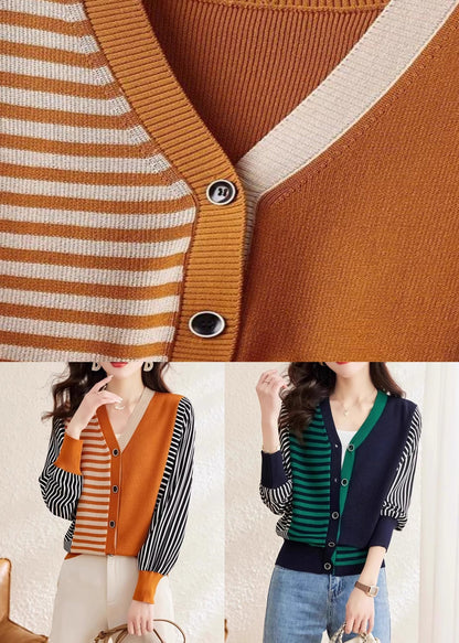 Fashion Orange V Neck Striped Button Woolen Sweater Spring TF045