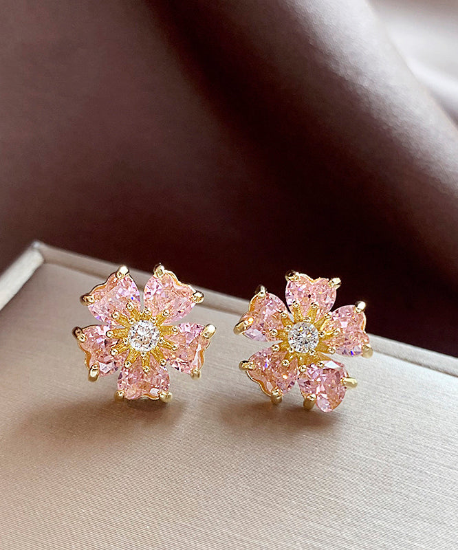 Fashion Pink Copper Alloy Zircon Floral Stud Earrings WH029 JEW-EAR241116