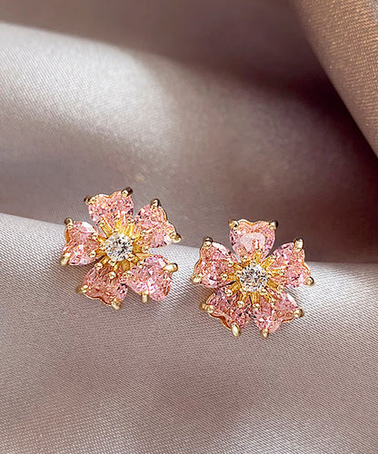 Fashion Pink Copper Alloy Zircon Floral Stud Earrings WH029 JEW-EAR241116