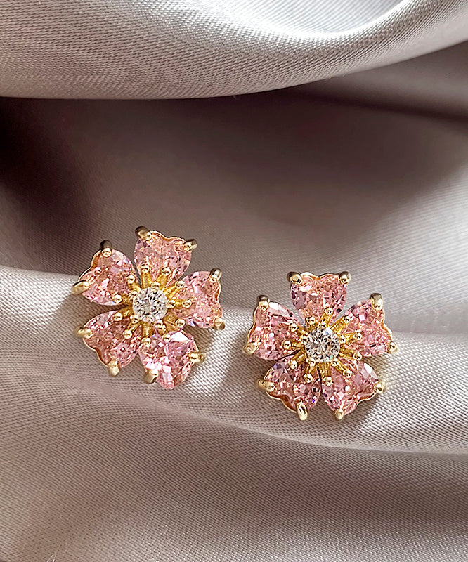 Fashion Pink Copper Alloy Zircon Floral Stud Earrings WH029 JEW-EAR241116