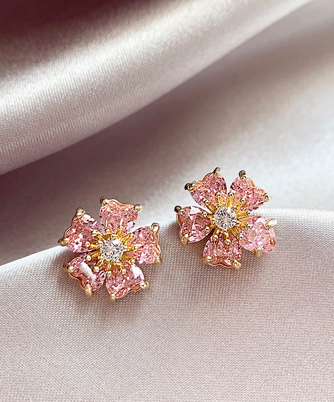 Fashion Pink Copper Alloy Zircon Floral Stud Earrings WH029 JEW-EAR241116