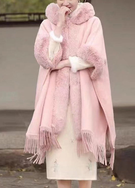 Fashion Pink Fur Collar Tassel Hooded Woolen Coat Fall WO041 HS-NCT241109