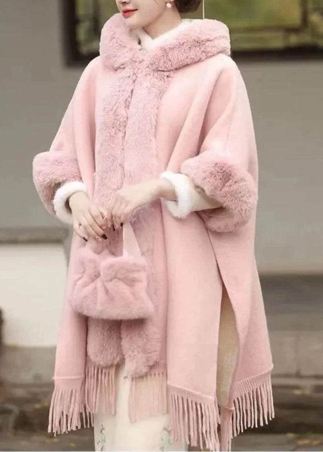 Fashion Pink Fur Collar Tassel Hooded Woolen Coat Fall WO041 HS-NCT241109