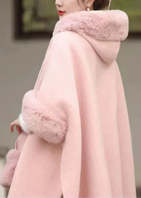 Fashion Pink Fur Collar Tassel Hooded Woolen Coat Fall WO041 HS-NCT241109
