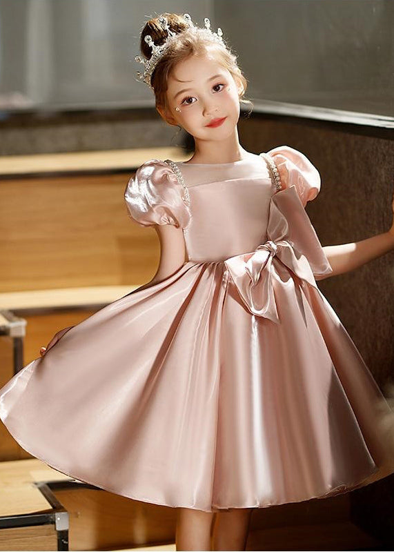 Fashion Pink O-Neck Bow Girls Silk Mid Dresses Puff Sleeve QV012 WS-JRTZSDGM241026