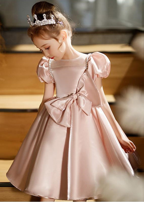 Fashion Pink O-Neck Bow Girls Silk Mid Dresses Puff Sleeve QV012 WS-JRTZSDGM241026