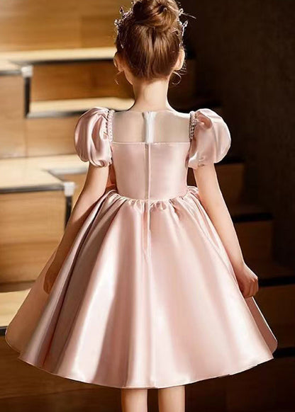 Fashion Pink O-Neck Bow Girls Silk Mid Dresses Puff Sleeve QV012 WS-JRTZSDGM241026