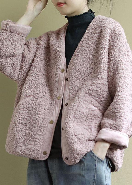 Fashion Pink Pockets Button Casual Fall Winter Thick Coats Long sleeve QS043 WT-WG-DJK210914