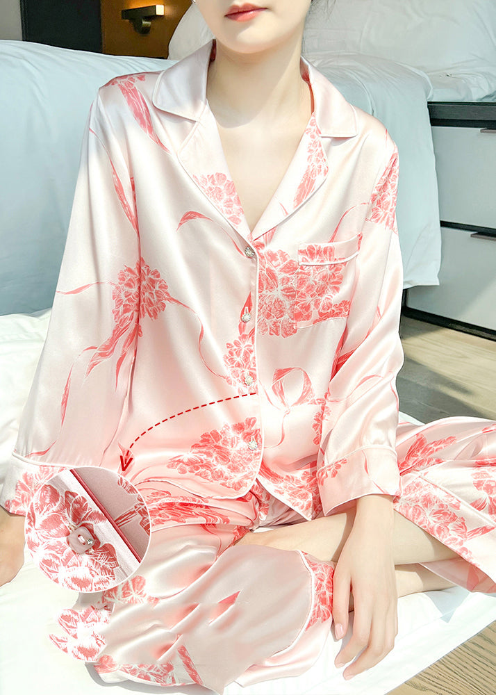 Fashion Pink Print Silk Shirts And Straight Pants Two Pieces Set Long Sleeve XS10301 Ada Fashion
