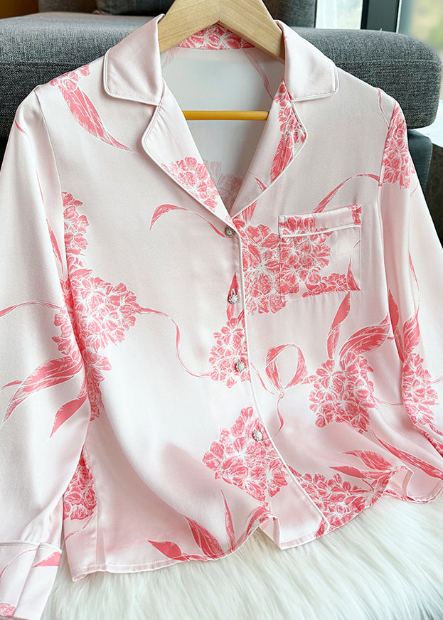 Fashion Pink Print Silk Shirts And Straight Pants Two Pieces Set Long Sleeve XS10301 Ada Fashion