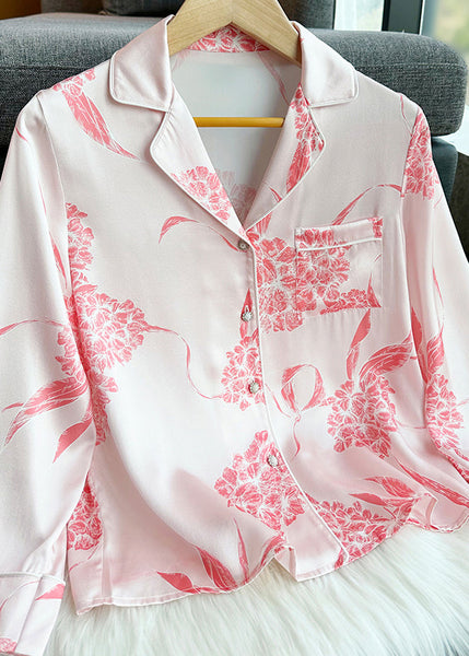 Fashion Pink Print Silk Shirts And Straight Pants Two Pieces Set Long Sleeve XS10301 Ada Fashion
