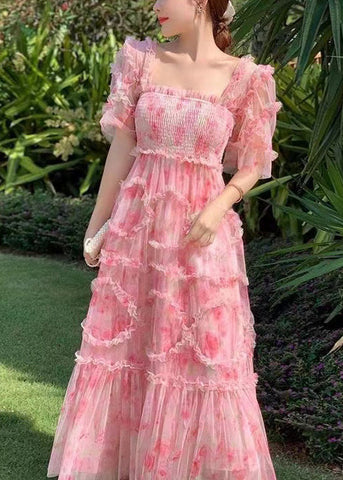 Fashion Pink Ruffled Patchwork Print Tulle Holiday Dress Summer XX064 SH-LF-SDL240611