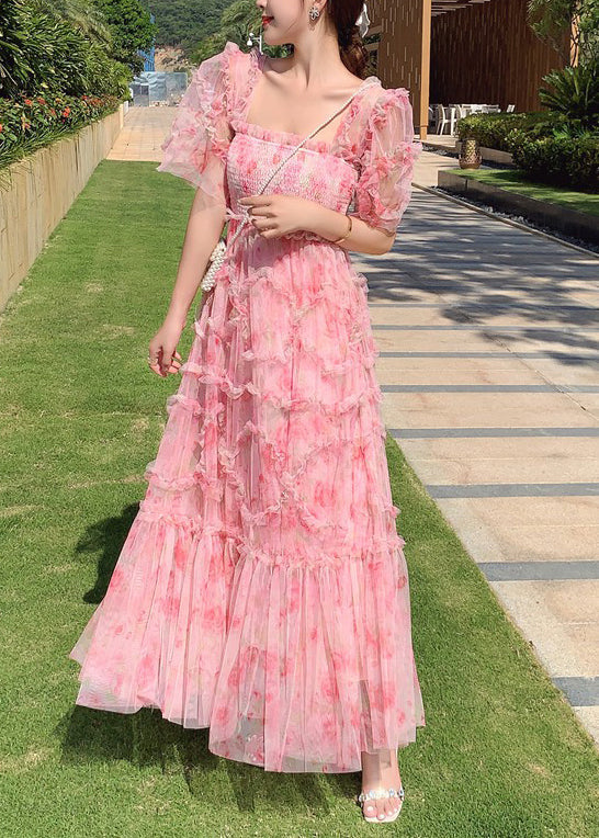 Fashion Pink Ruffled Patchwork Print Tulle Holiday Dress Summer XX064 SH-LF-SDL240611