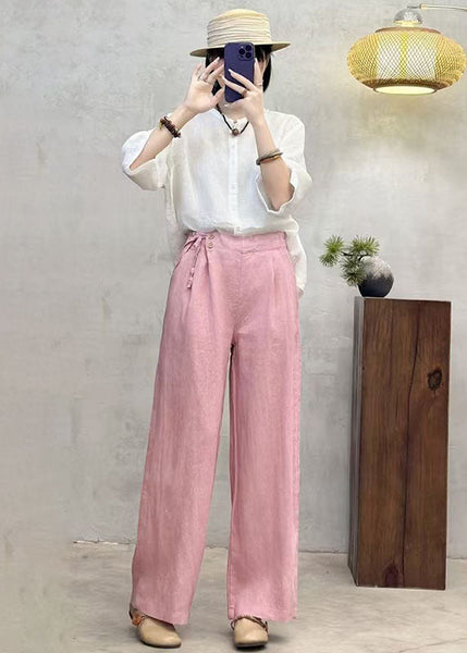 Fashion Pink Pants Linen Waist Summer Side Tie FashionChic