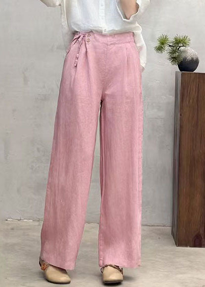 Fashion Pink Pants Linen Waist Summer Side Tie FashionChic