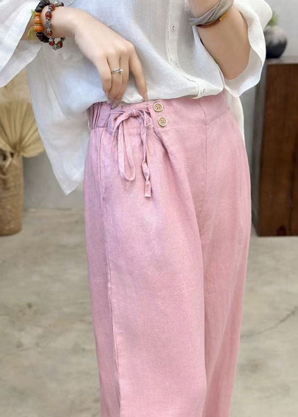 Fashion Pink Pants Linen Waist Summer Side Tie FashionChic