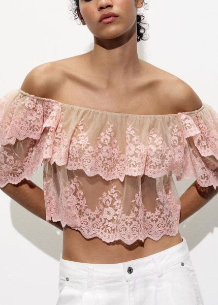 Top Ruffled Neck Summer Embroidered Slash Fashion Pink Tulle FashionChic