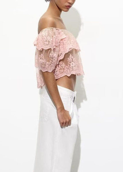 Top Ruffled Neck Summer Embroidered Slash Fashion Pink Tulle FashionChic