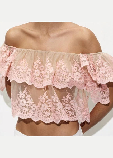 Top Ruffled Neck Summer Embroidered Slash Fashion Pink Tulle FashionChic