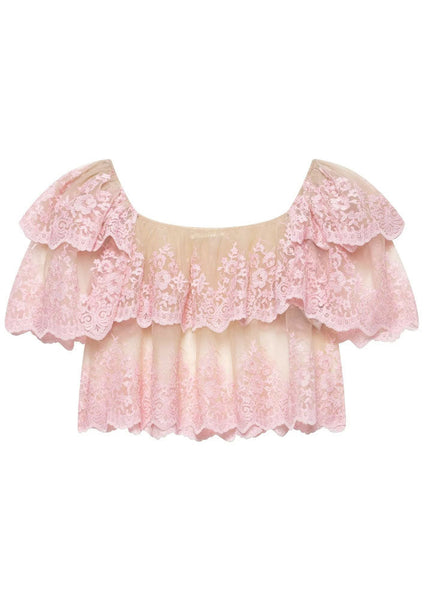 Top Ruffled Neck Summer Embroidered Slash Fashion Pink Tulle FashionChic