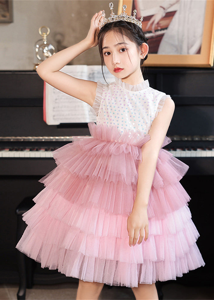 Fashion Pink Stand Collar Dot Patchwork Tulle Girls Dress Sleeveless EW030 WS-JRTZSDL240810