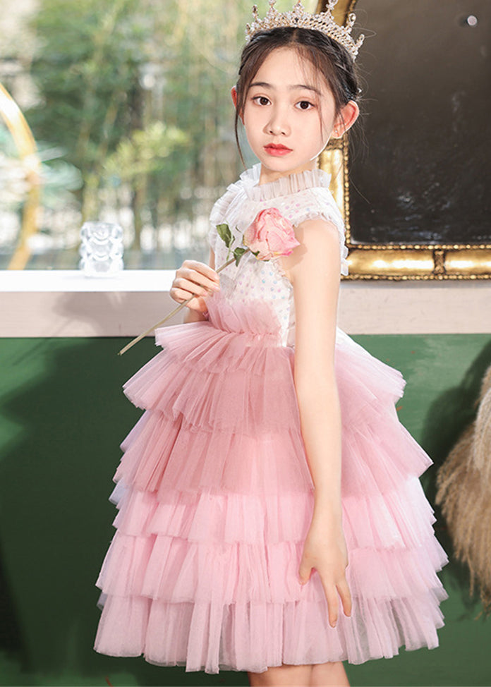 Fashion Pink Stand Collar Dot Patchwork Tulle Girls Dress Sleeveless EW030 WS-JRTZSDL240810