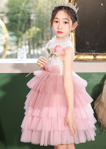 Fashion Pink Stand Collar Dot Patchwork Tulle Girls Dress Sleeveless EW030 WS-JRTZSDL240810