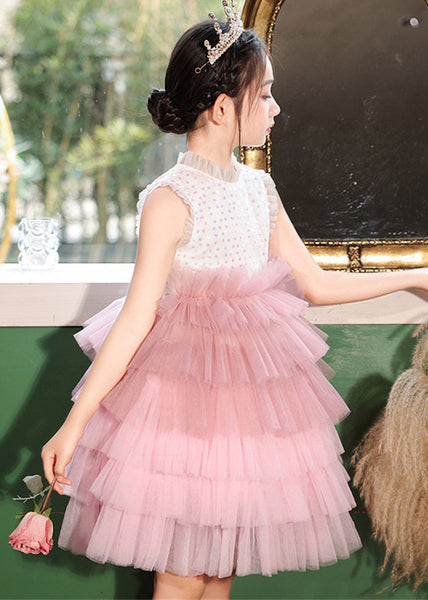 Fashion Pink Stand Collar Dot Patchwork Tulle Girls Dress Sleeveless EW030 WS-JRTZSDL240810