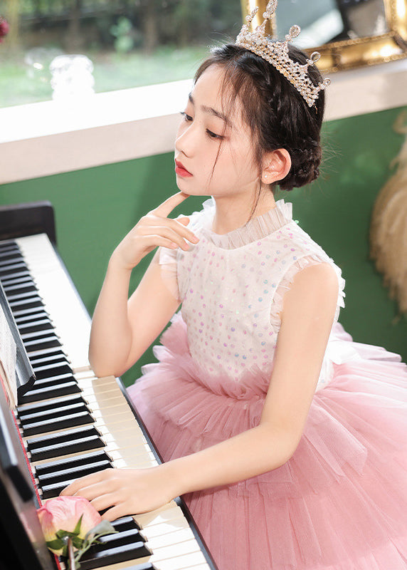 Fashion Pink Stand Collar Dot Patchwork Tulle Girls Dress Sleeveless EW030 WS-JRTZSDL240810