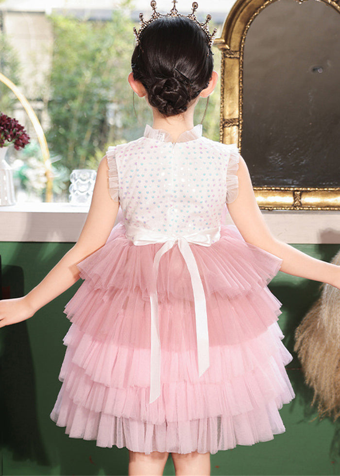 Fashion Pink Stand Collar Dot Patchwork Tulle Girls Dress Sleeveless EW030 WS-JRTZSDL240810