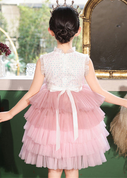 Fashion Pink Stand Collar Dot Patchwork Tulle Girls Dress Sleeveless EW030 WS-JRTZSDL240810
