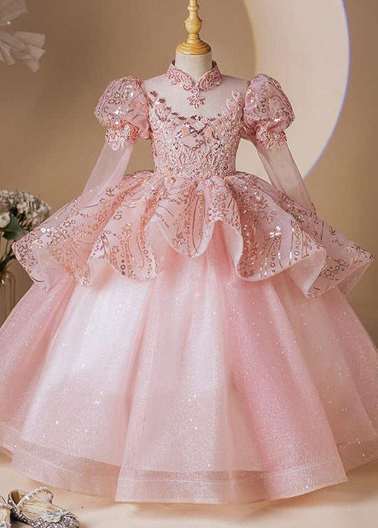 Fashion Pink Stand Collar Patchwork Tulle Girls Long Dress Long Sleeve YG010 ABC