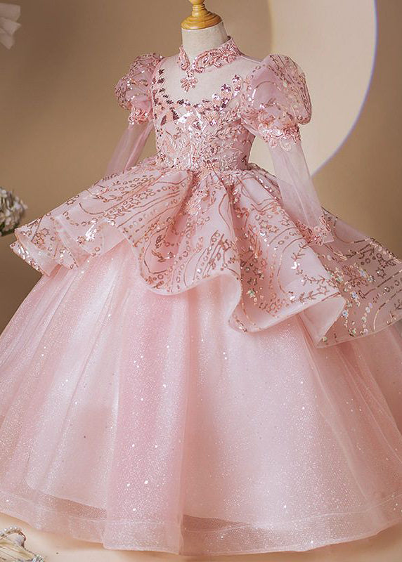 Fashion Pink Stand Collar Patchwork Tulle Girls Long Dress Long Sleeve YG010 ABC