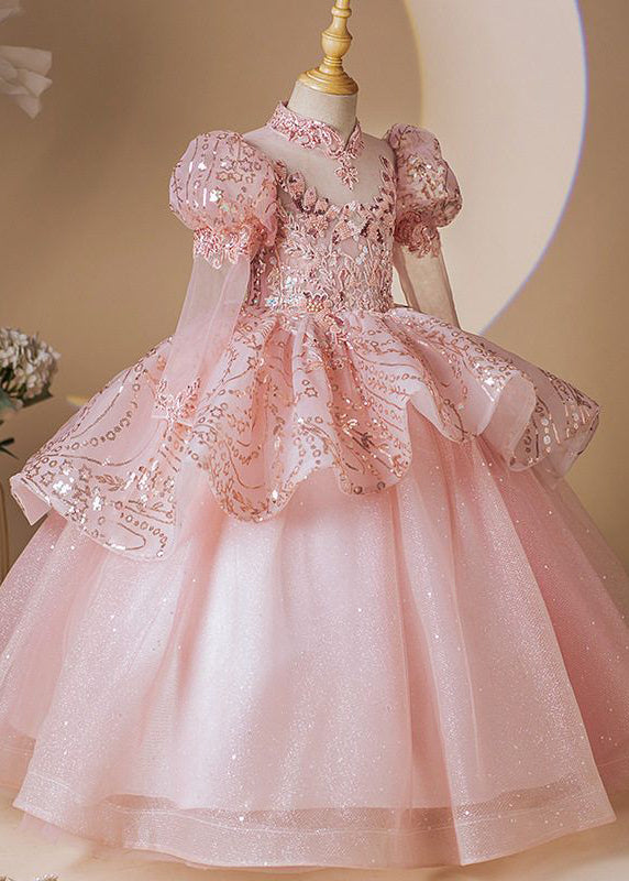 Fashion Pink Stand Collar Patchwork Tulle Girls Long Dress Long Sleeve YG010 ABC