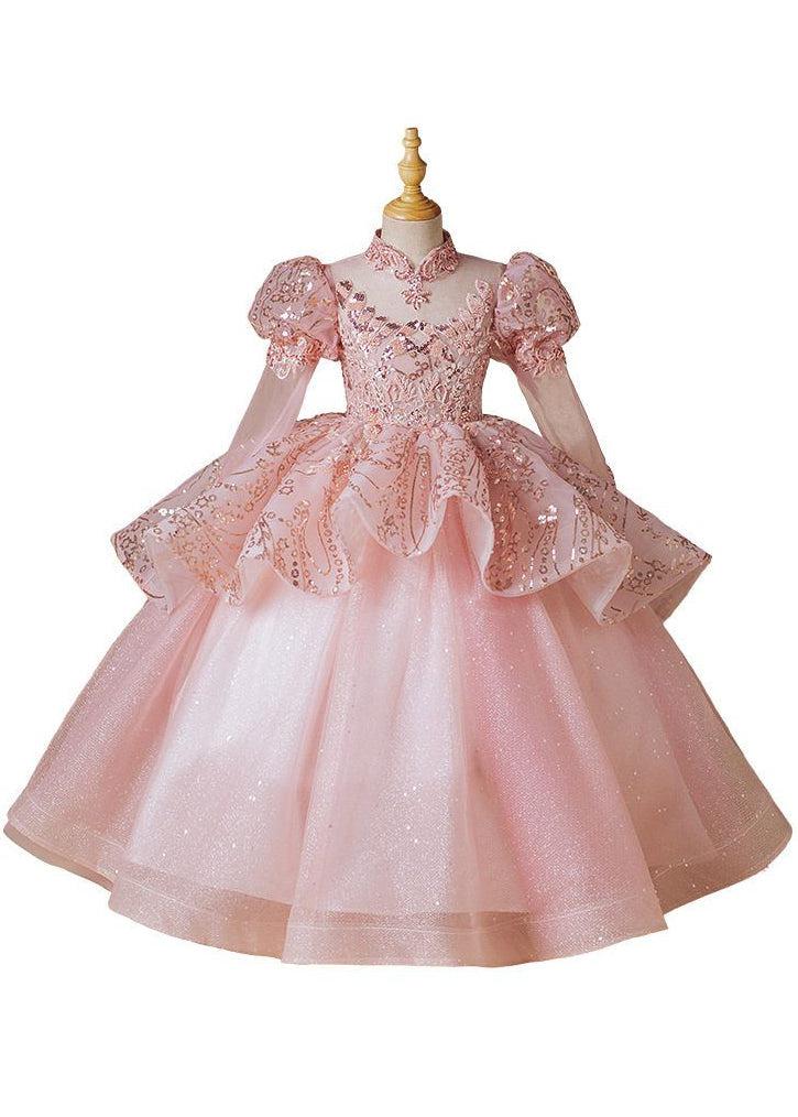 Fashion Pink Stand Collar Patchwork Tulle Girls Long Dress Long Sleeve YG010 ABC