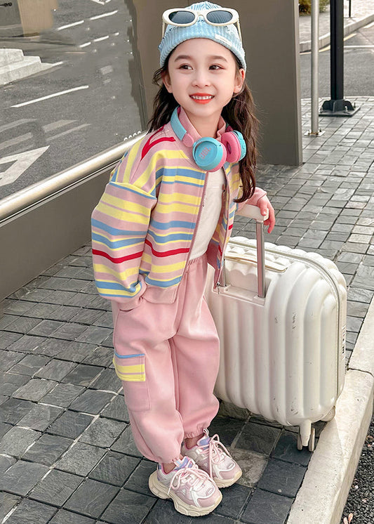 Fashion Pink Striped Zippered Kids Top And Pants Two Pieces Set Spring TR022 ABC