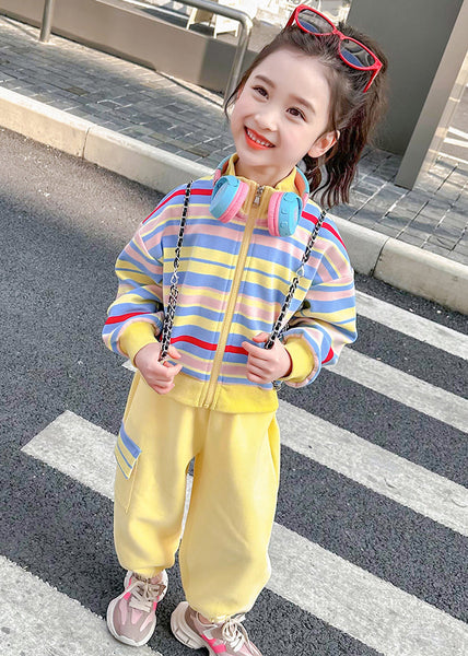 Fashion Pink Striped Zippered Kids Top And Pants Two Pieces Set Spring TR022 ABC