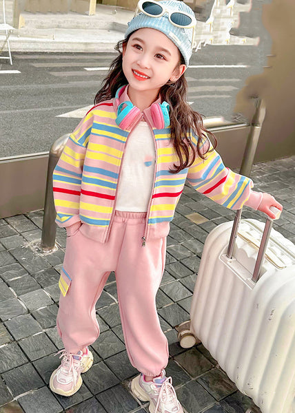 Fashion Pink Striped Zippered Kids Top And Pants Two Pieces Set Spring TR022 ABC